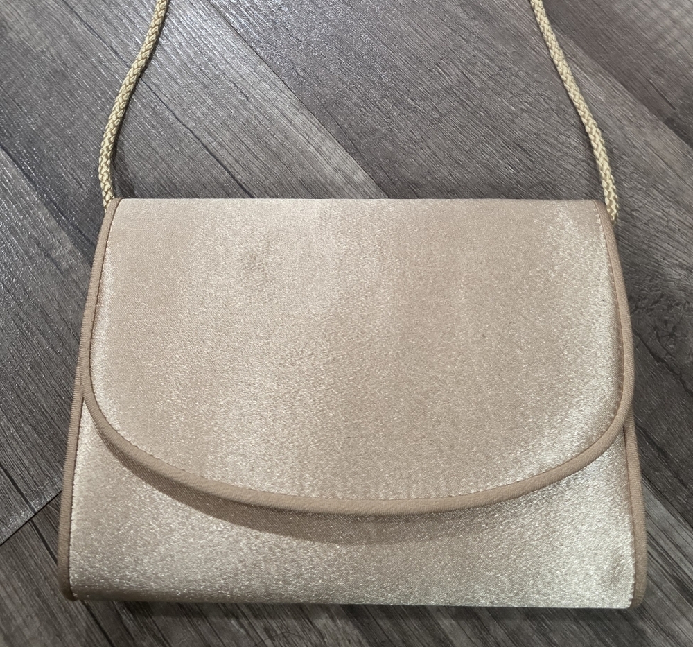 Vintage La R3gale Gold Champagne Satin Clutch Crossbody Bag Formal Prom Wedding